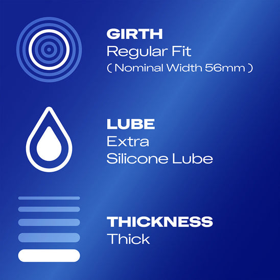Girth: Regular Fit (nominal width 56mm); lube: extra silicone lube; thickness: thick