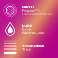 Girth: Regular Fit (nominal width 56mm); lube: extra silicone lube; thickness: thick