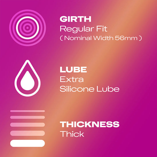 Girth: Regular Fit (nominal width 56mm); lube: extra silicone lube; thickness: thick