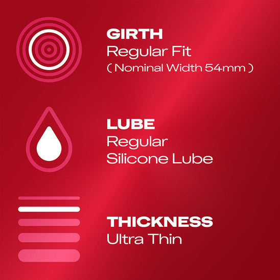 Girth: Regular Fit (Nominal Width 54mm); Lube: Regular silicone lube; Thickness: Ultra thin
