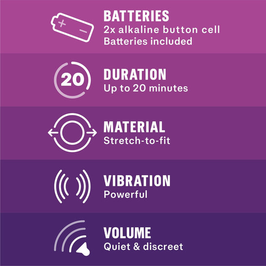 Batteries: 2x alkaline button cell, Battery included; Duration: Up to 20 minutes; Material: stretch-to-fit; Vibration: Powerful; Volume: Quiet & discreet