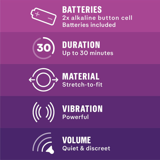 Batteries: 2x alkaline button cell, Battery included; Duration: Up to 20 minutes; Material: stretch-to-fit; Vibration: Powerful; Volume: Quiet & discreet